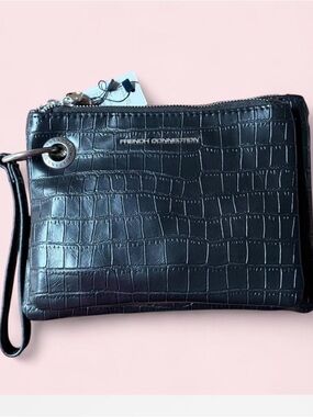 French Connection Black Croc-Embossed Zip Wristlet